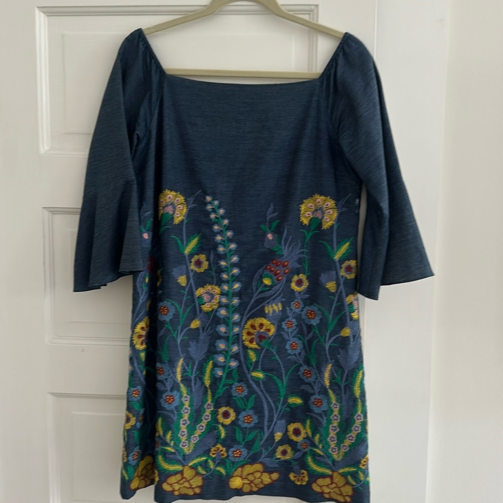Alice and Olivia embroidered floral denim dress.